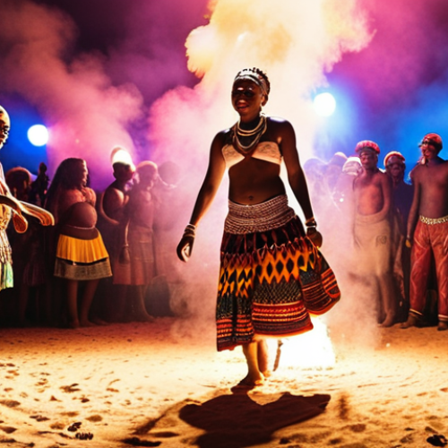 **A vibrant stage at the Bushfire Festival in Eswatini. Sands is performing, bathed in colorful light, with a diverse crowd of people dancing and enjoying the music. Traditional African patterns and modern fashion styles are mixed throughout the audience.**