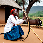 **

"A Swazi musician playing the *makhoyane* (Swazi musical bow) in a traditional village setting, fully clothed in modest traditional attire, appropriate content, safe for work, perfect anatomy, natural proportions, ethnomusicology photography, high quality, family-friendly."

**