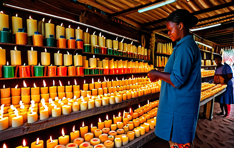 Handcrafted Candles**

"A variety of colorful, handmade candles displayed at a local Eswatini market, fully clothed people browsing, focus on beeswax candles with a soft, warm glow, modest display, appropriate content, safe for work, perfect anatomy (of any people present), natural proportions, professional photography, high quality, family-friendly"

**