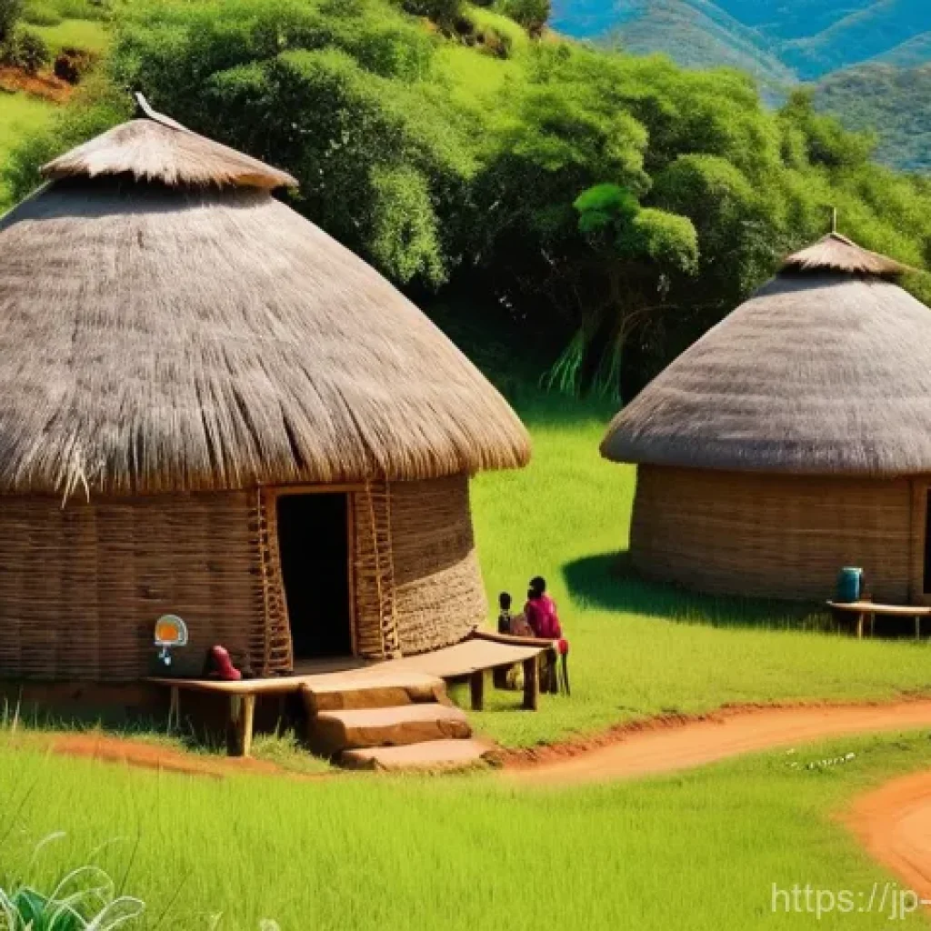 에스와티니의 건축 양식 변화 - **Prompt: Traditional Eswatini Ingulumbane Hut and Village Life**
    A vibrant, sunlit scene depict...