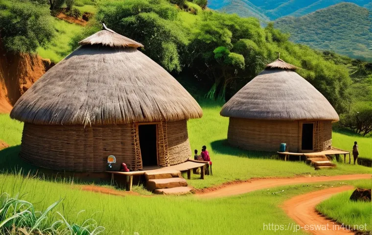 에스와티니의 건축 양식 변화 - **Prompt: Traditional Eswatini Ingulumbane Hut and Village Life**
    A vibrant, sunlit scene depict...