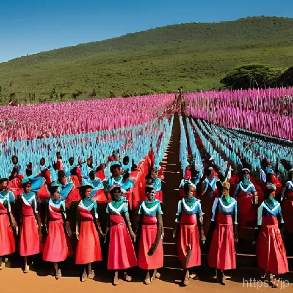 에스와티니 음란가 축제 - **Prompt 1: The Grand Procession of Reed Maidens**
    "A majestic, wide-angle view of thousands of ...