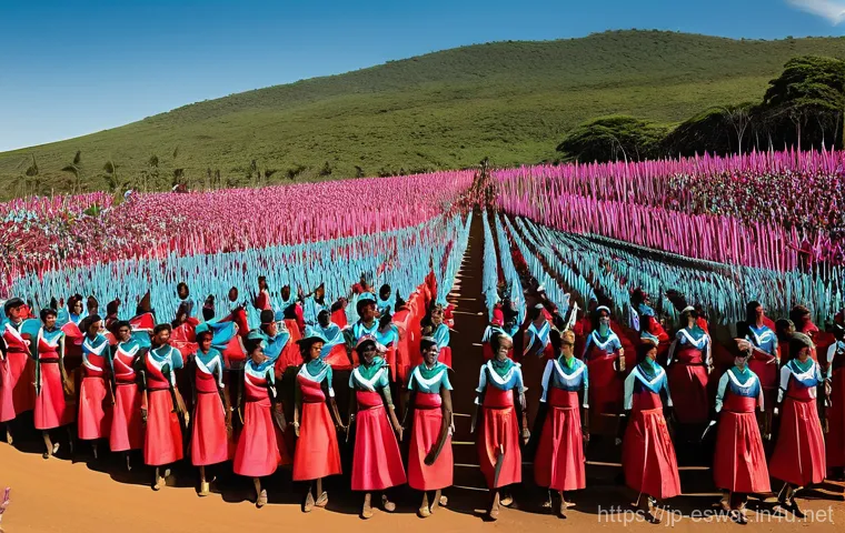 에스와티니 음란가 축제 - **Prompt 1: The Grand Procession of Reed Maidens**
    "A majestic, wide-angle view of thousands of ...