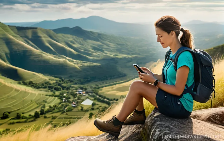 에스와티니에서의 모바일 네트워크 - **Prompt:** A young female traveler, mid-20s, with bright eyes and a curious smile, stands at a well...