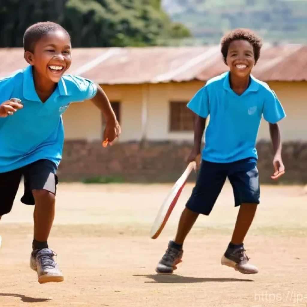 에스와티니에서 크리켓과 럭비 - **Prompt 1: Children's Joyful Sports Play in Eswatini**
    "A group of diverse Eswatini children, a...