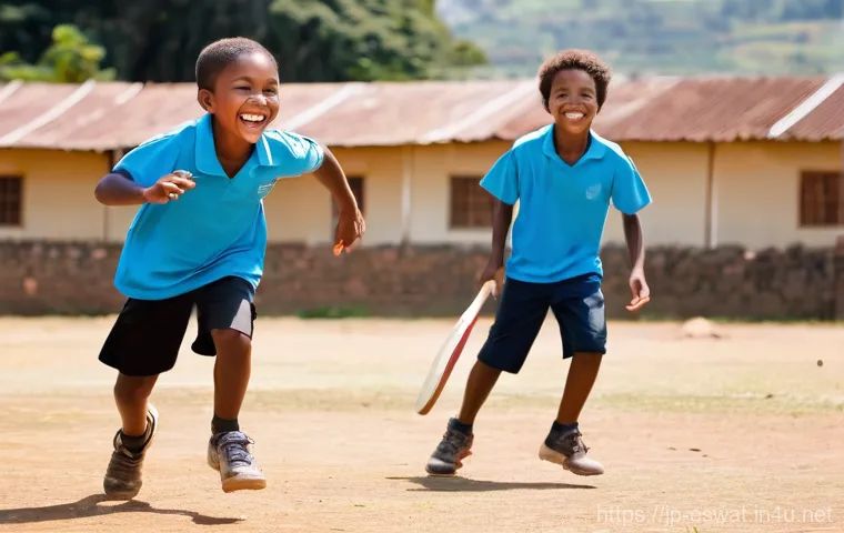 에스와티니에서 크리켓과 럭비 - **Prompt 1: Children's Joyful Sports Play in Eswatini**
    "A group of diverse Eswatini children, a...
