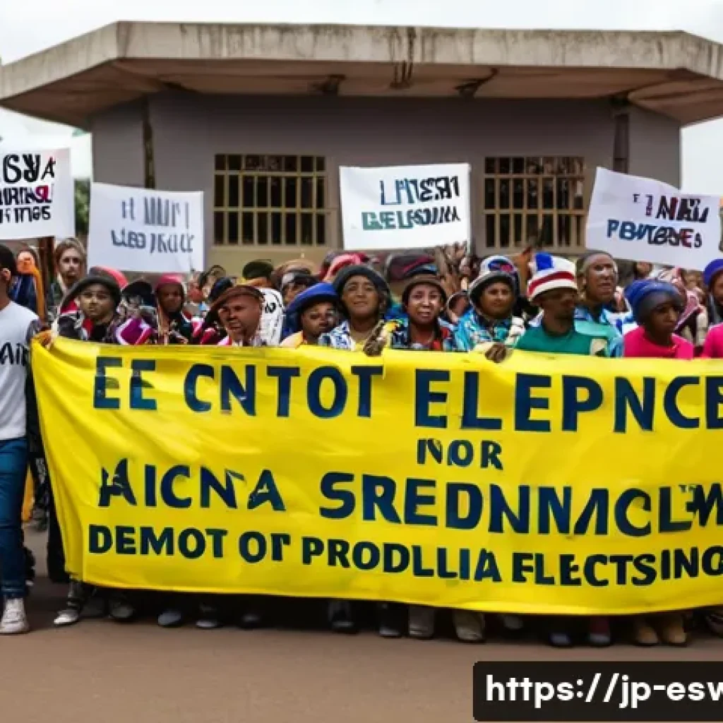 에스와티니에서 발생한 주요 사건사고 - A peaceful protest scene in Eswatini featuring a diverse group of young adults holding colorful bann...