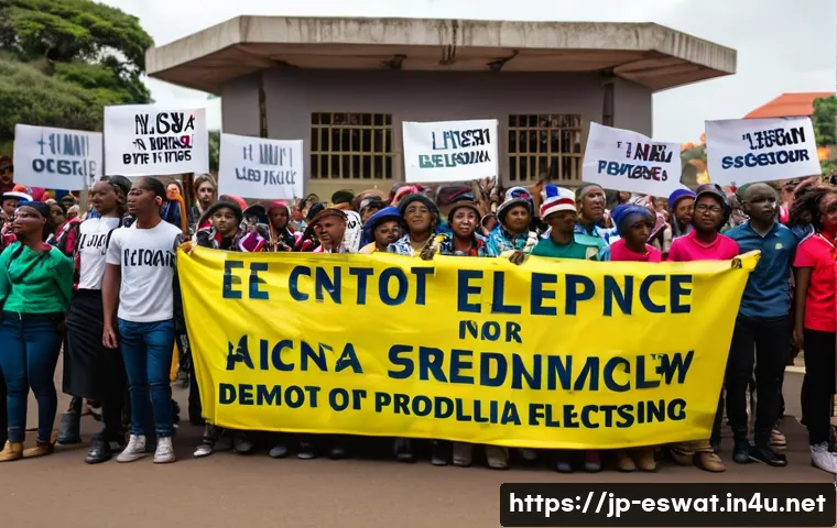 에스와티니에서 발생한 주요 사건사고 - A peaceful protest scene in Eswatini featuring a diverse group of young adults holding colorful bann...