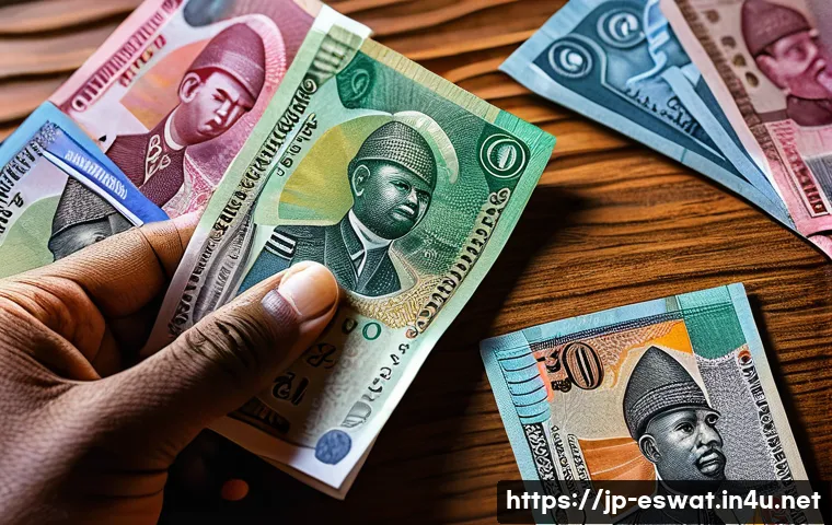 에스와티니의 화폐 및 환율 - A detailed close-up image of Eswatini banknotes spread out on a wooden table, showcasing vibrant col...