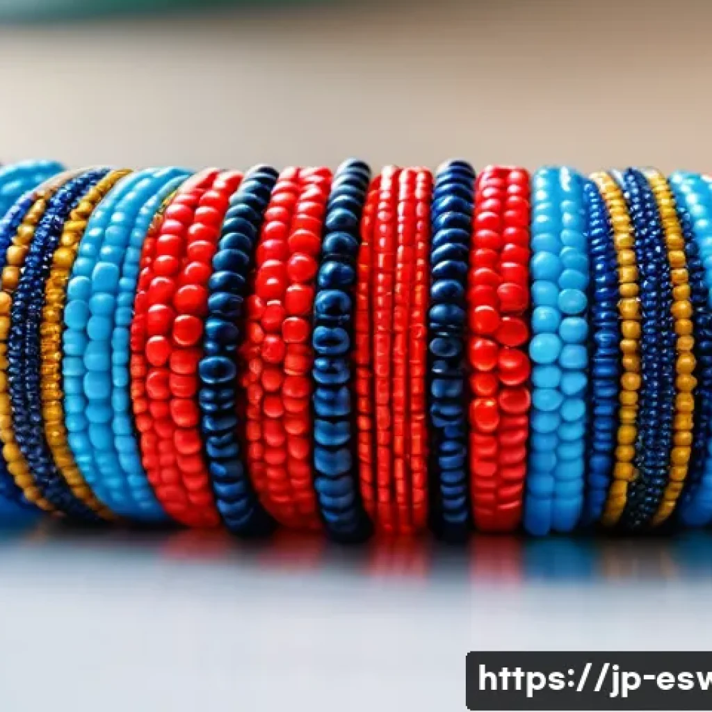 에스와티니에서 전통 공예품 구입하기 - A vibrant close-up of traditional Swazi beadwork bracelets, showcasing intricate patterns made from ...