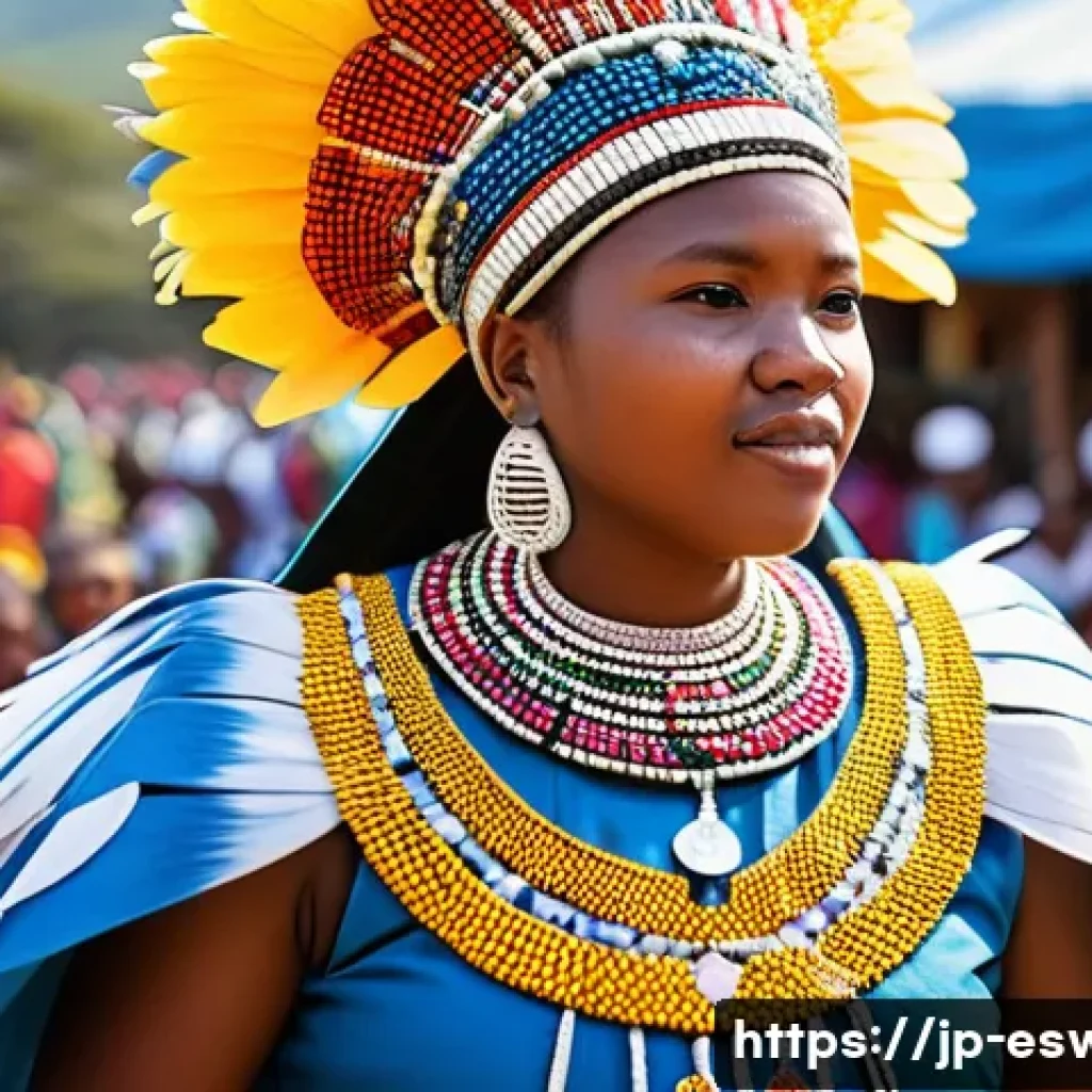 에스와티니 왕실과 정치 구조 - A vibrant scene of the Incwala Festival in Eswatini, showcasing young women dressed in colorful trad...