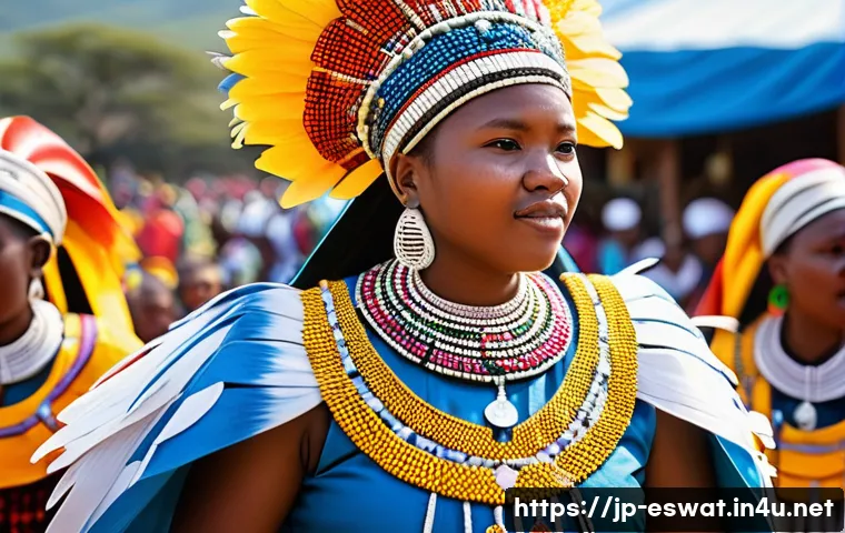 에스와티니 왕실과 정치 구조 - A vibrant scene of the Incwala Festival in Eswatini, showcasing young women dressed in colorful trad...