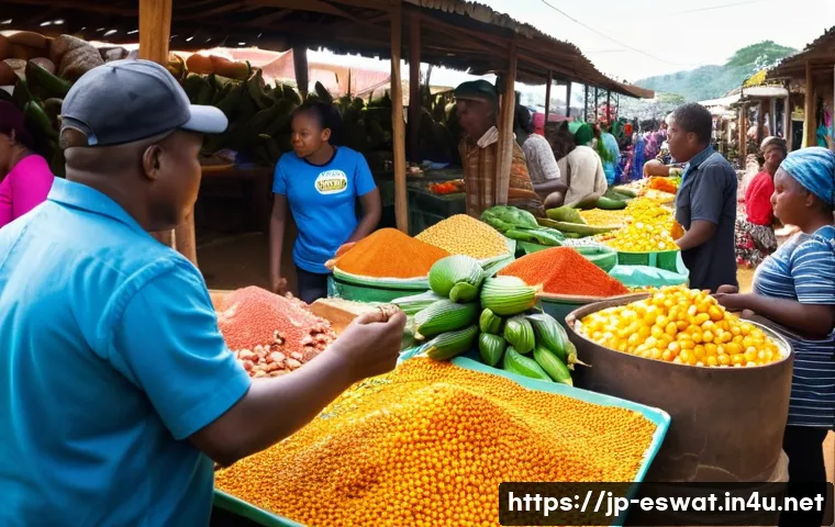 에스와티니 거리 음식 문화 - A vibrant street market scene in Eswatini during the daytime, showcasing colorful stalls filled with...