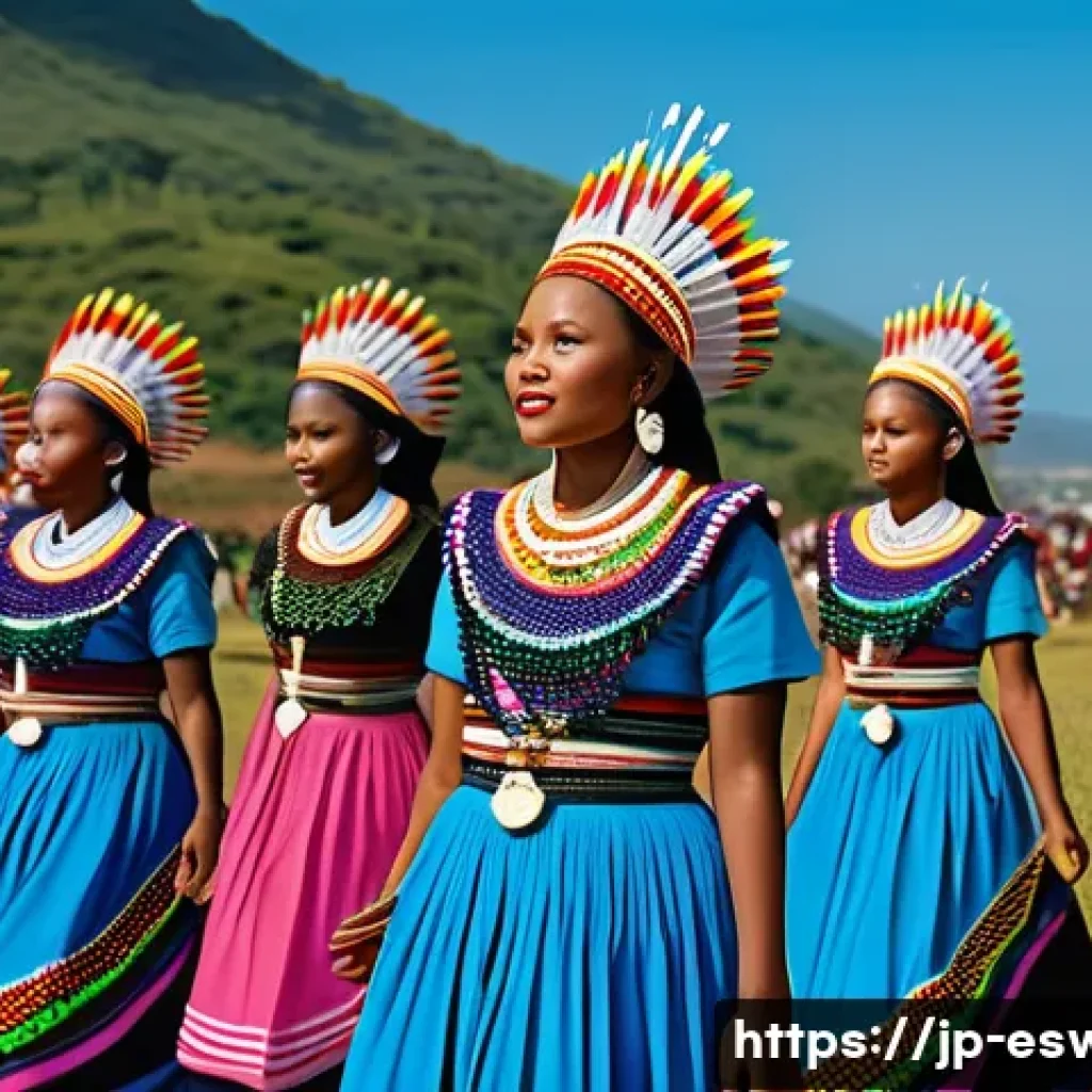 에스와티니와 레소토 비교 - A vibrant scene of the Umhlanga Reed Dance festival in Eswatini, showing young women dressed in colo...