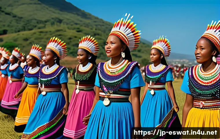에스와티니와 레소토 비교 - A vibrant scene of the Umhlanga Reed Dance festival in Eswatini, showing young women dressed in colo...