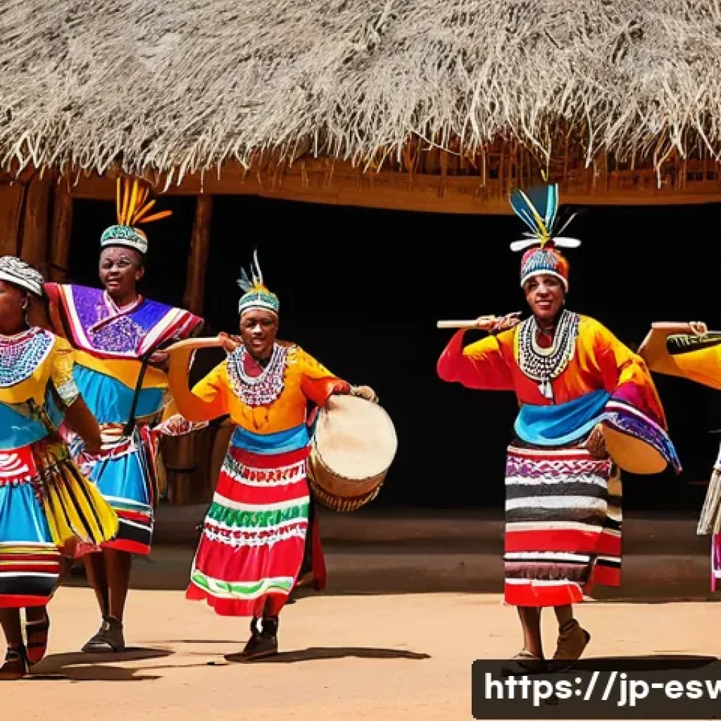 에스와티니에서 연극과 공연 예술 - A vibrant traditional Eswatini stage performance featuring dancers in colorful indigenous costumes, ...