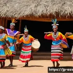 에스와티니에서 연극과 공연 예술 - A vibrant traditional Eswatini stage performance featuring dancers in colorful indigenous costumes, ...
