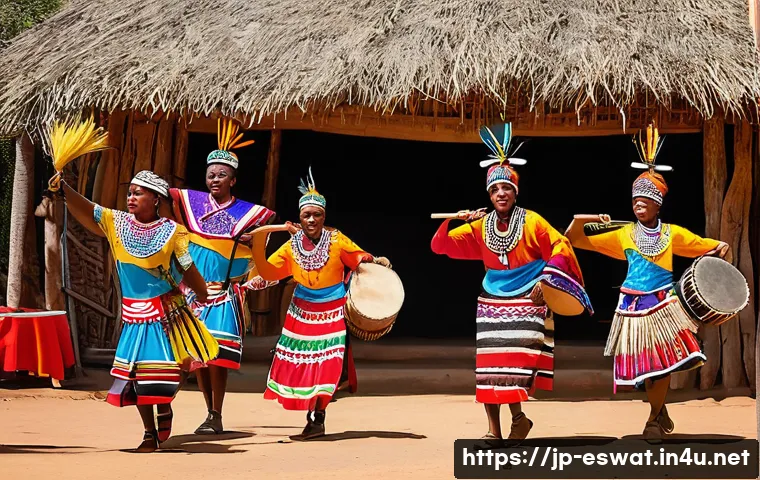 에스와티니에서 연극과 공연 예술 - A vibrant traditional Eswatini stage performance featuring dancers in colorful indigenous costumes, ...