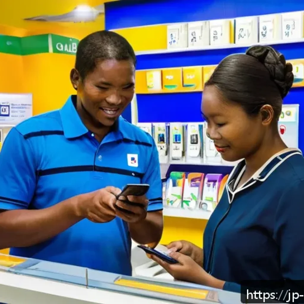 에스와티니에서 SIM 카드 구입하기 - A modern mobile phone shop interior in Eswatini with a Japanese traveler consulting a friendly local...
