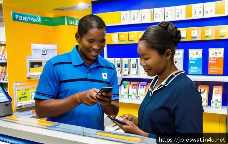 에스와티니에서 SIM 카드 구입하기 - A modern mobile phone shop interior in Eswatini with a Japanese traveler consulting a friendly local...