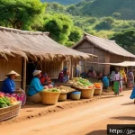 에스와티니에서 사용되는 언어 - A warm and lively Eswatini rural market scene during daytime, with local vendors and customers engag...