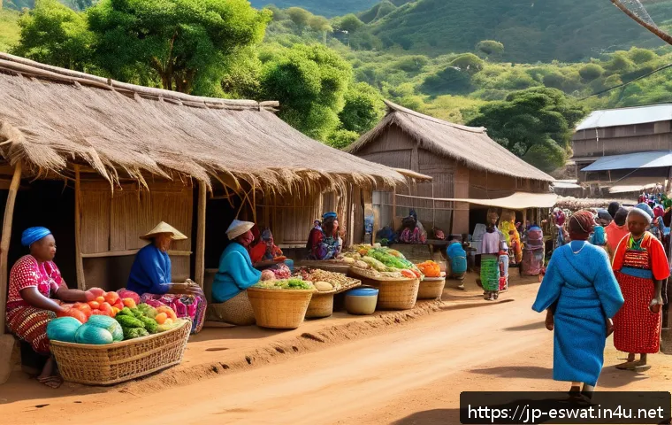 에스와티니에서 사용되는 언어 - A warm and lively Eswatini rural market scene during daytime, with local vendors and customers engag...