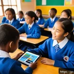 에스와티니의 사회 이슈 - A vibrant classroom scene in urban Eswatini, showing a diverse group of schoolchildren aged around 1...