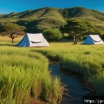 에스와티니에서 캠핑하기 - A serene campsite in Eswatini surrounded by vast green grasslands and lush forests under a clear blu...