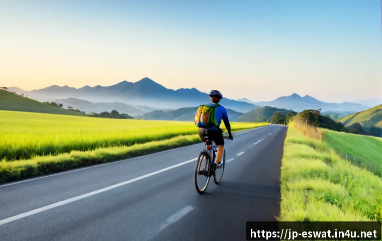 에스와티니에서 자전거 여행하기 - Photorealistic bicycle touring scene in Eswatini, a solo adult cyclist wearing a helmet and practica...